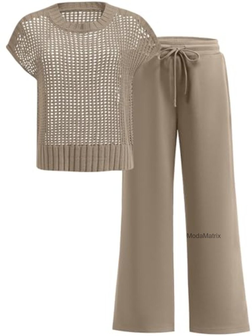 Sheer Crochet Knit Top Wide Leg Pants Lounge Set